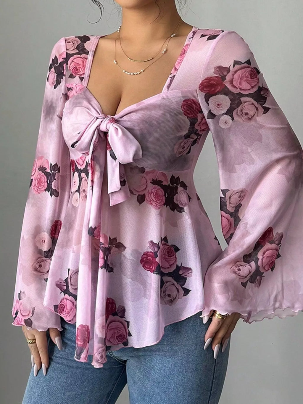 Floral Tie-Front Flare Sleeve Blouse