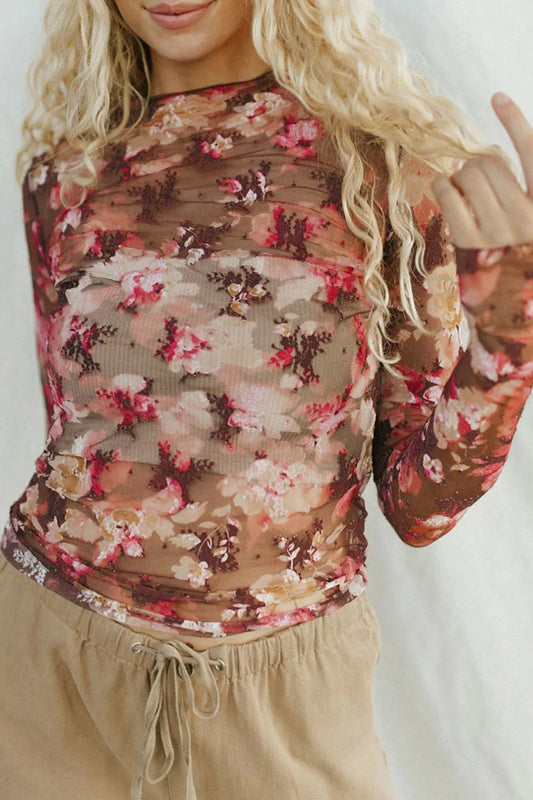 Chic Floral Mock Neck Sheer Long Sleeve Top Floral S