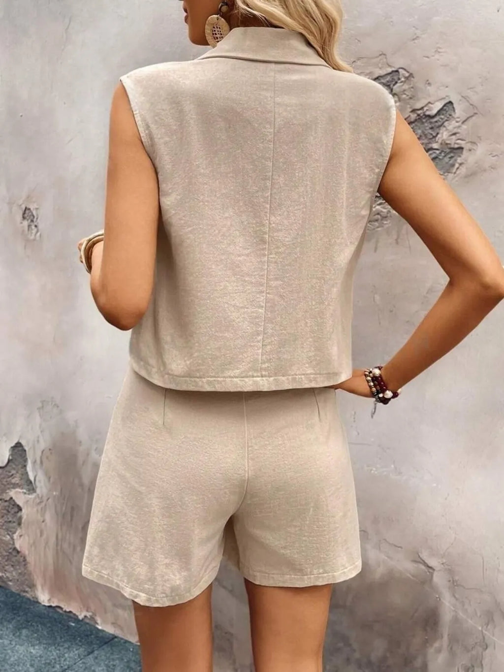 One-Button Sleeveless Cotton Top & Shorts Set