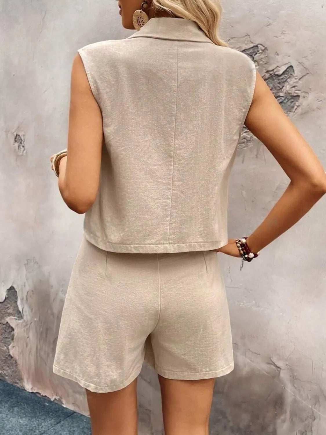 One-Button Sleeveless Cotton Top & Shorts Set