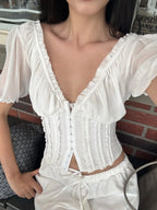 FlairBelle Frill V-Neck Mesh Puff Sleeve Blouse