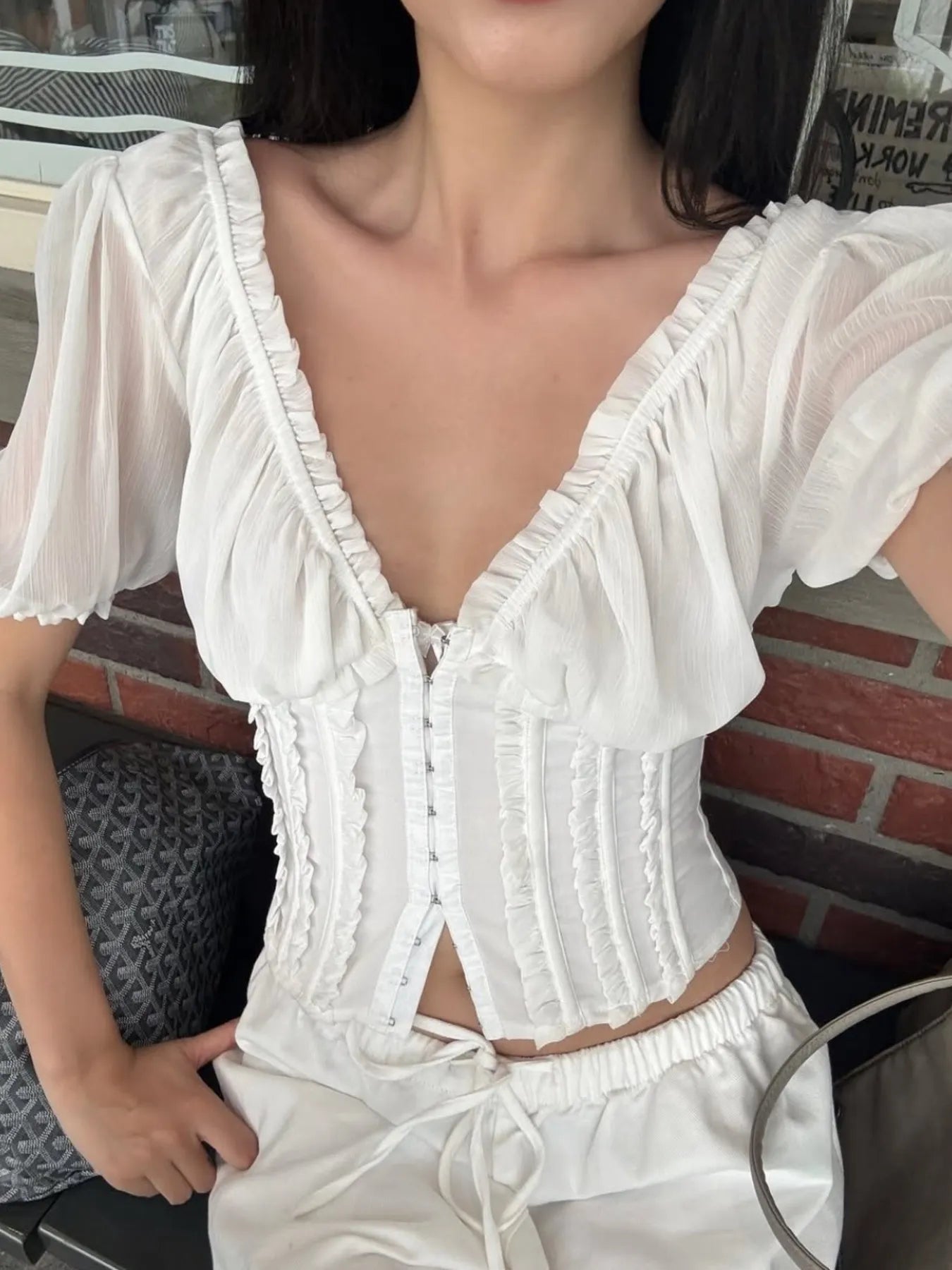 FlairBelle Frill V-Neck Mesh Puff Sleeve Blouse