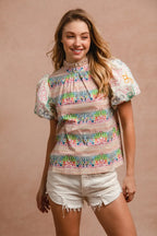 BiBi Ruffle Neckline Blouse With Embroidery Bubble Sleeve Multicolor
