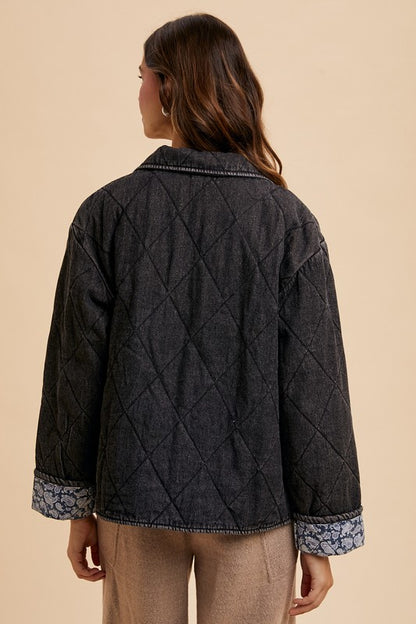 Annie Wear Quilted Printed Lining Snap-Down Denim Jacket