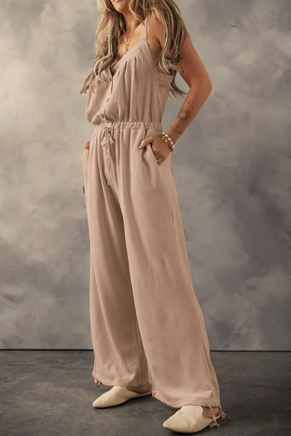 Knotted Straps Button Textured Drawstring Jumpsuit