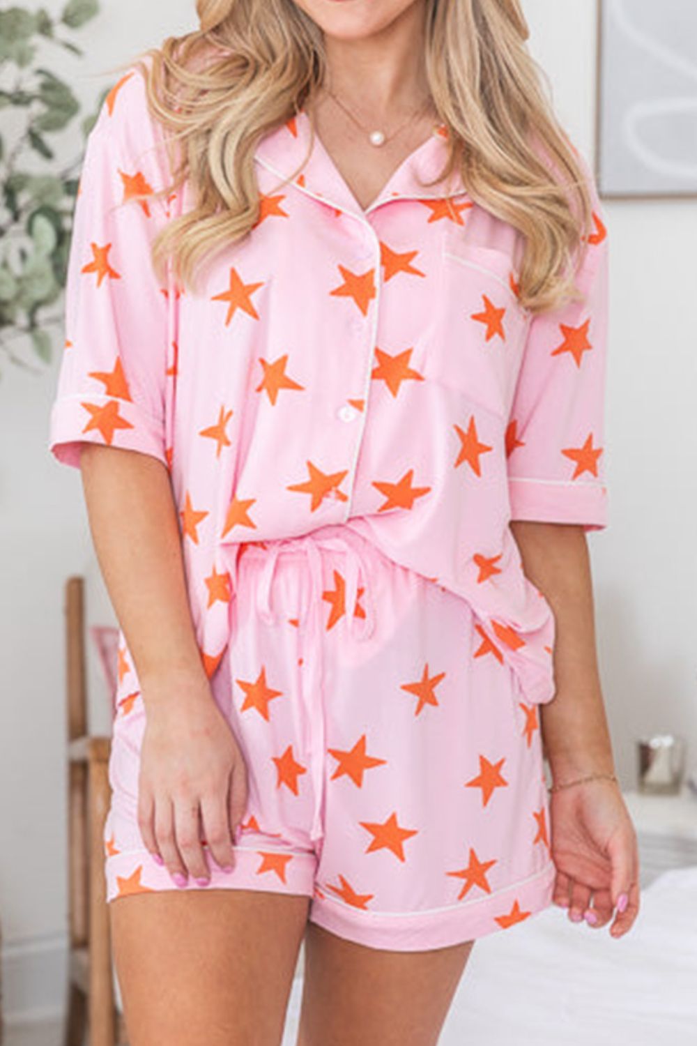 Star Print Short Sleeve Shirt & Shorts Set - Trendy & Comfy