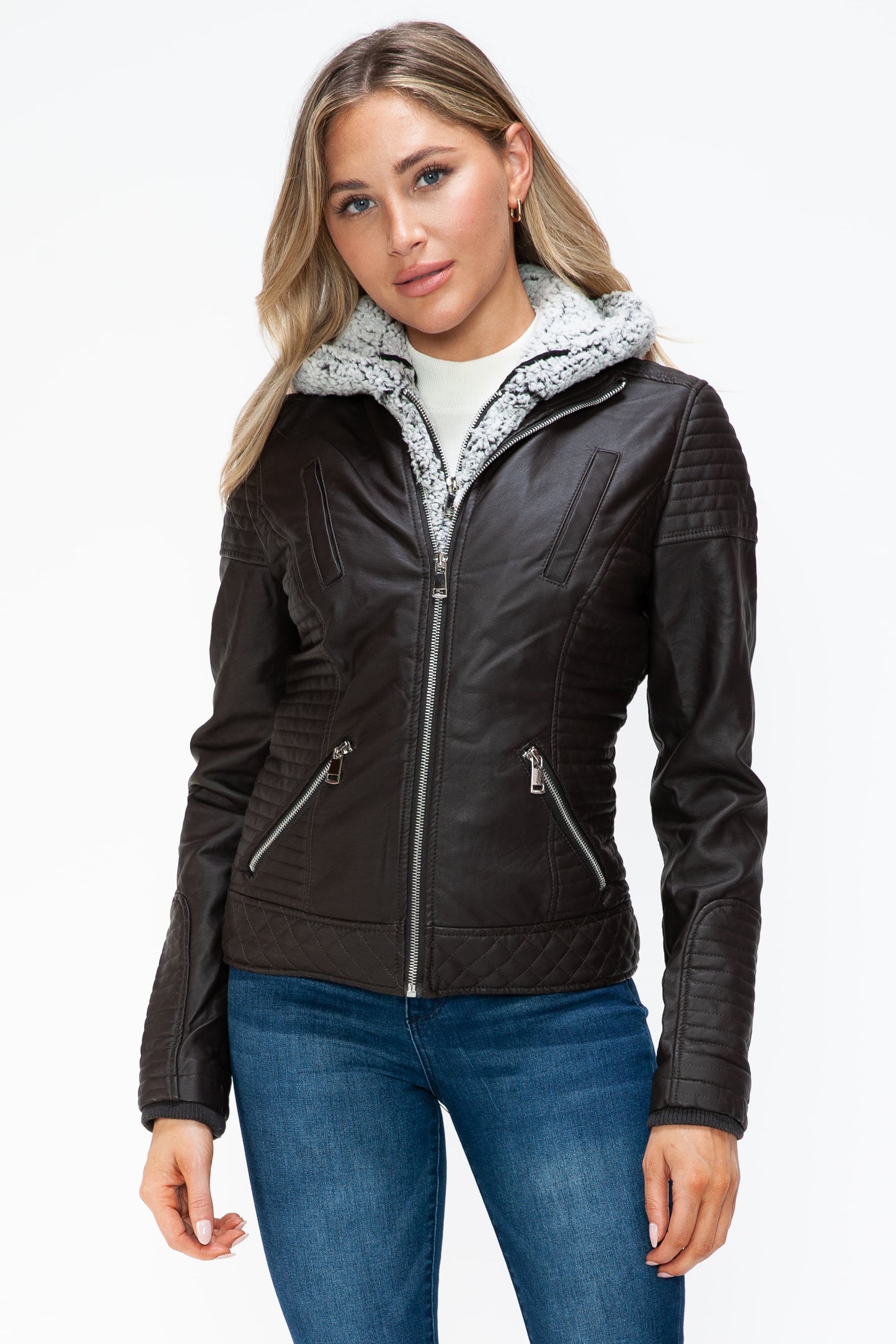 YMI Faux Layered Double-Zipper Jacket with Cozy Fuzzy Hood