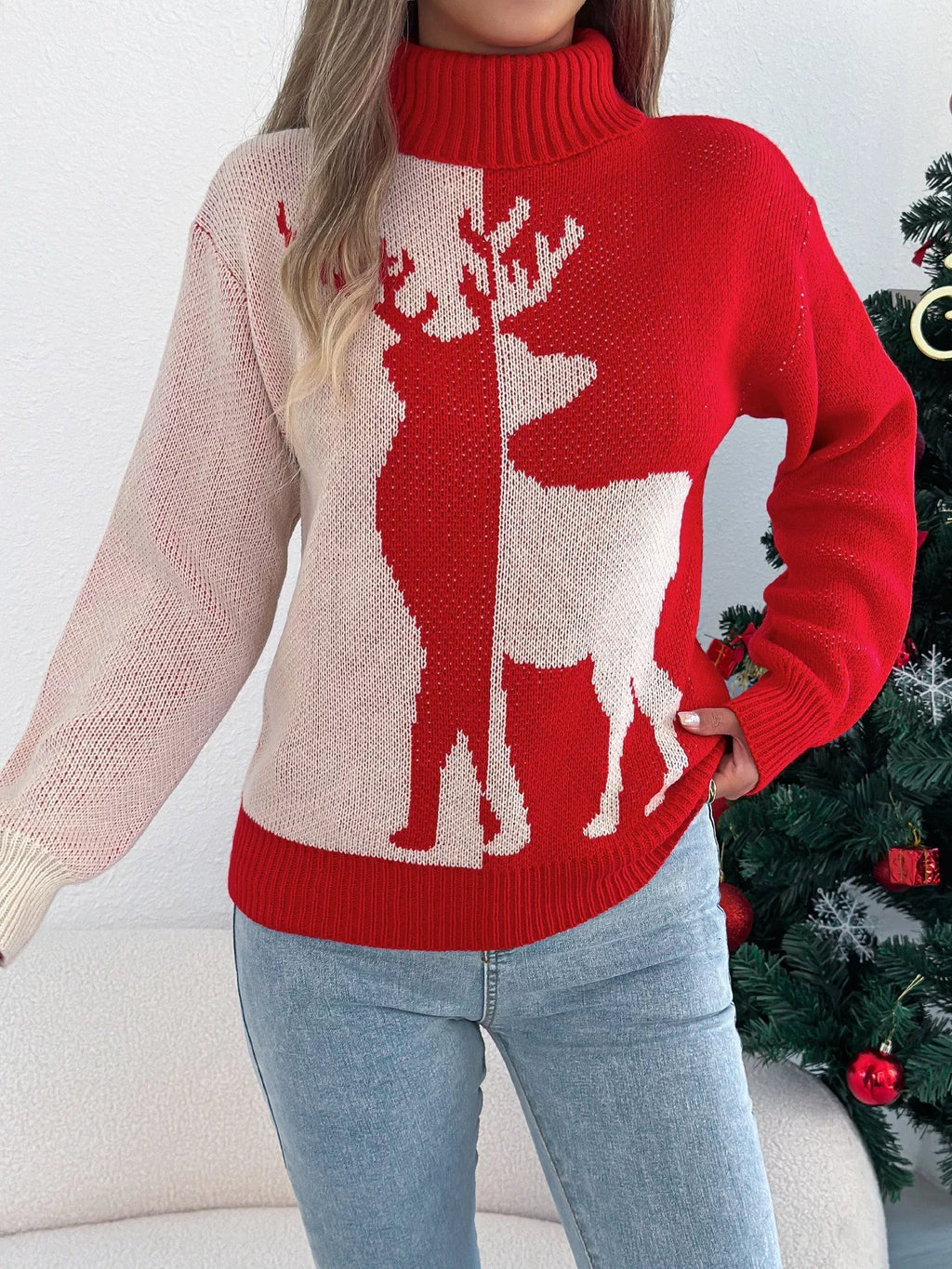 Cozy Christmas Reindeer Ribbed Turtleneck Sweater