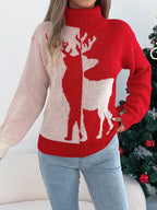 Cozy Christmas Reindeer Ribbed Turtleneck Sweater