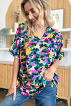 Double Take Plus Size Printed V-Neck Slit Top â€“ Flowy & Chic