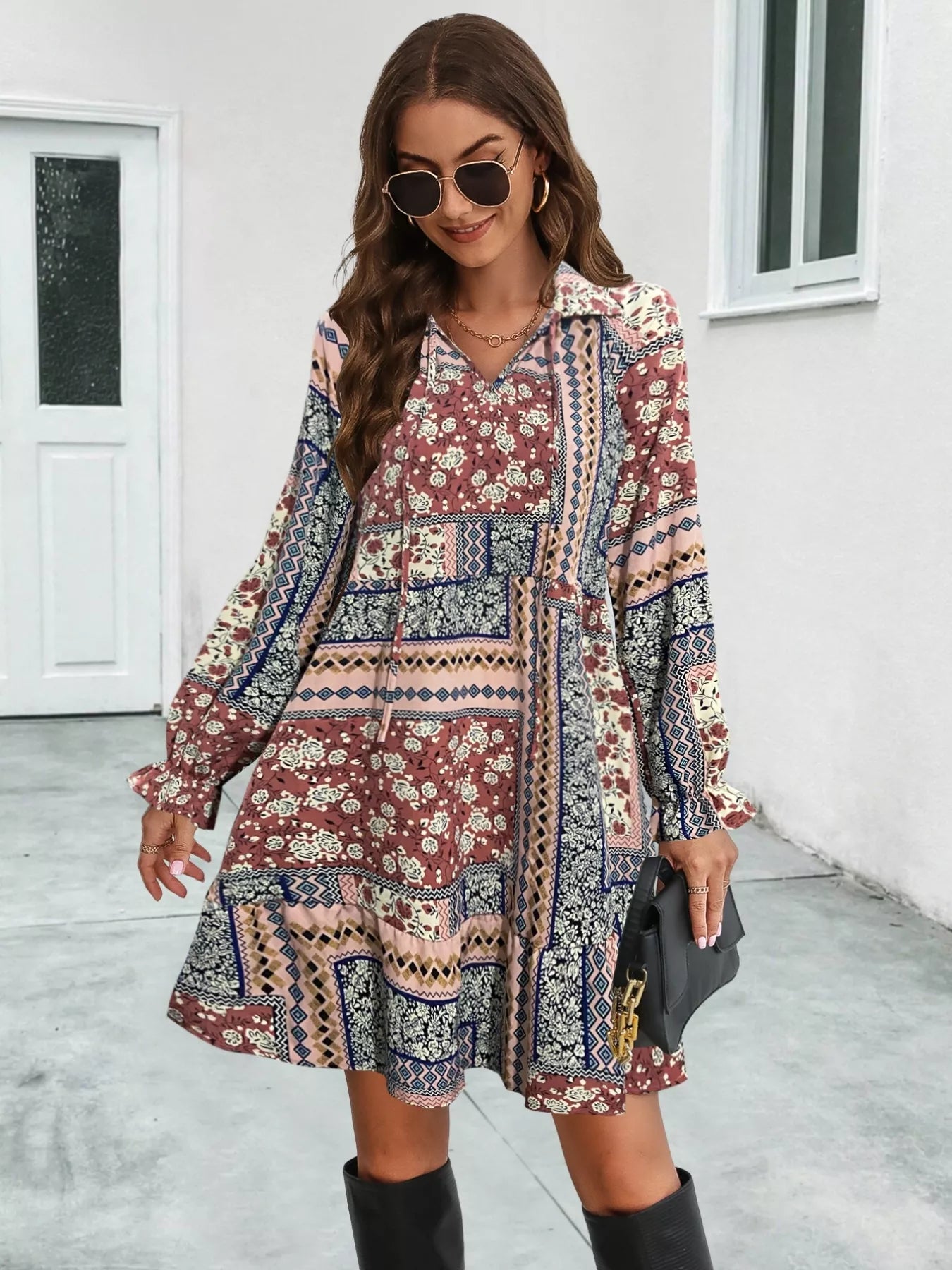 Boho Floral Ruffled Long Sleeve Mini Dress