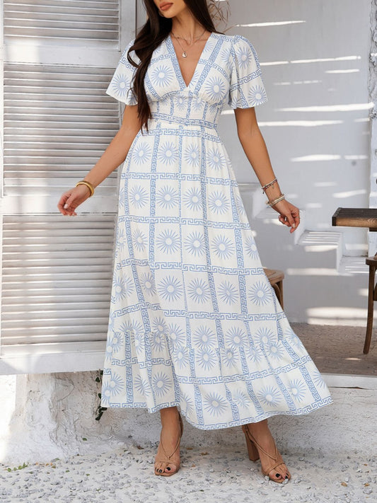 Devine Smocked Printed V-Neck Short Sleeve Maxi Dress Light Blue