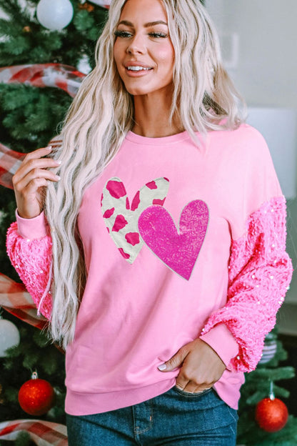 Sequin Heart Long Sleeve Sweatshirt for Valentine's Day Fuchsia Pink