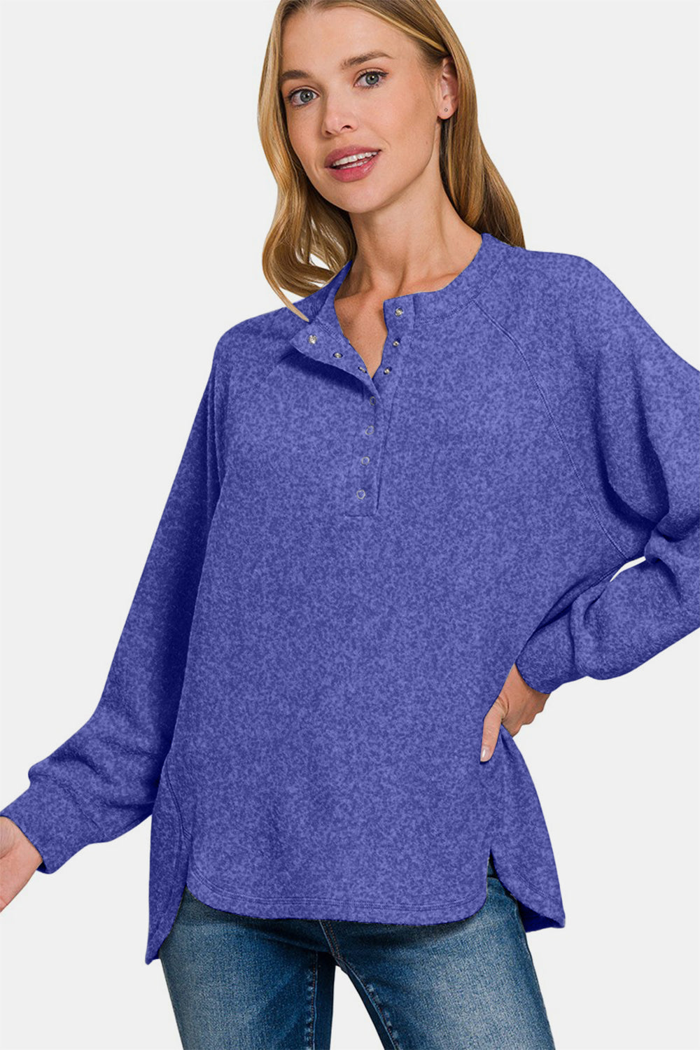 Zenana Brushed Melange Hacci High-Low Henley Sweater