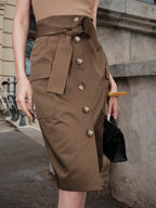 Button Detail Belted Cargo Skirt Brown