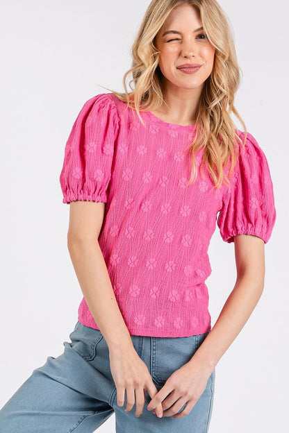 Mittoshop Floral Pattern Round Neck Short Sleeve Top Hot Pink