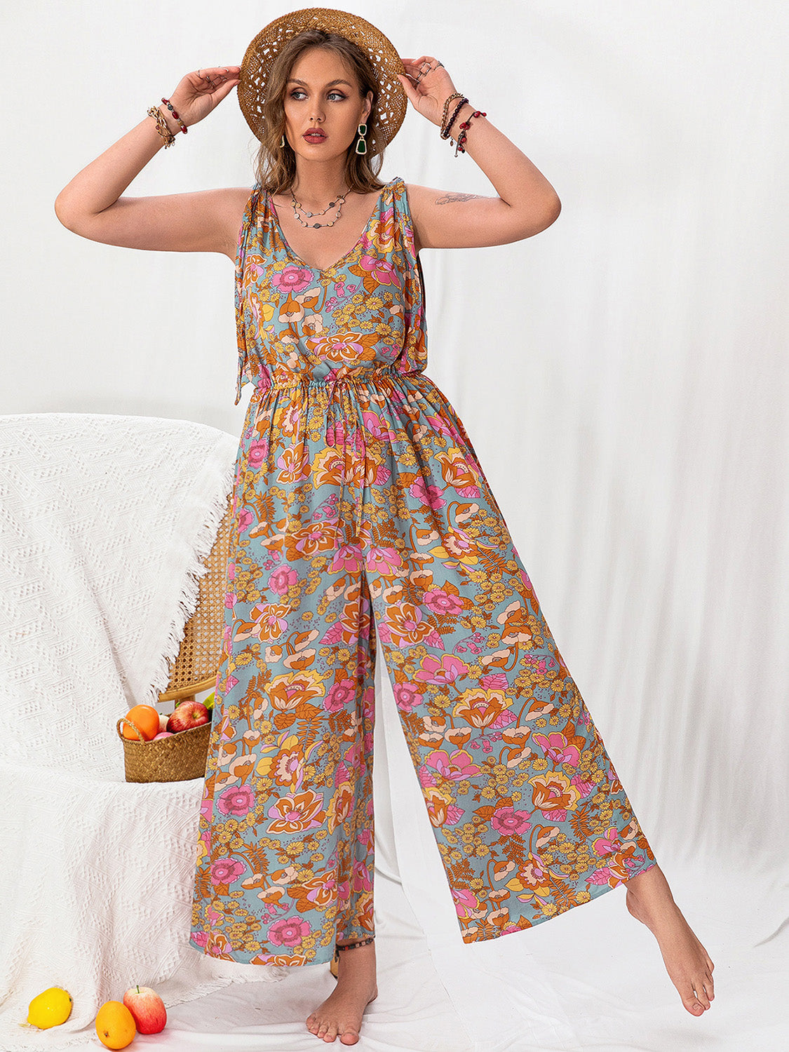 Plus Size Printed Wide Leg Sleeveless Jumpsuit Multicolor