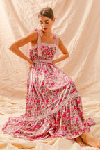 SO ME Floral Maxi Dress with Ribbon Tie Lace Strap â€“ Boho Summer Tiered Dress