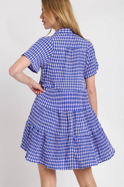 Umgee Full Size Gingham Tiered Button Detail Short Sleeve Dress