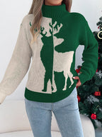 Cozy Christmas Reindeer Ribbed Turtleneck Sweater Green