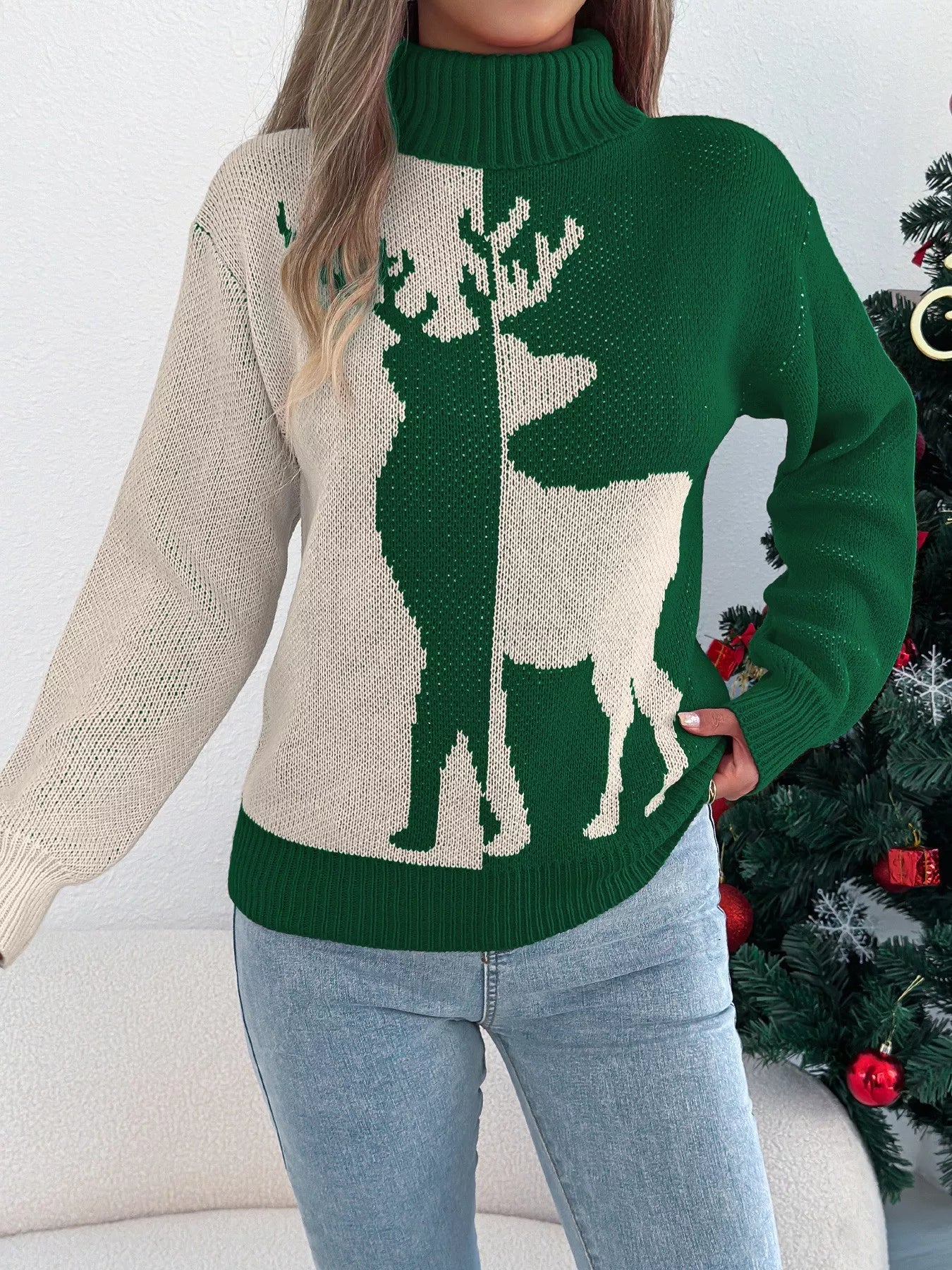 Cozy Christmas Reindeer Ribbed Turtleneck Sweater Green