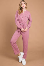 Culture Code Full-Size Button-Up Drawstring Waist Straight-Leg Jumpsuit