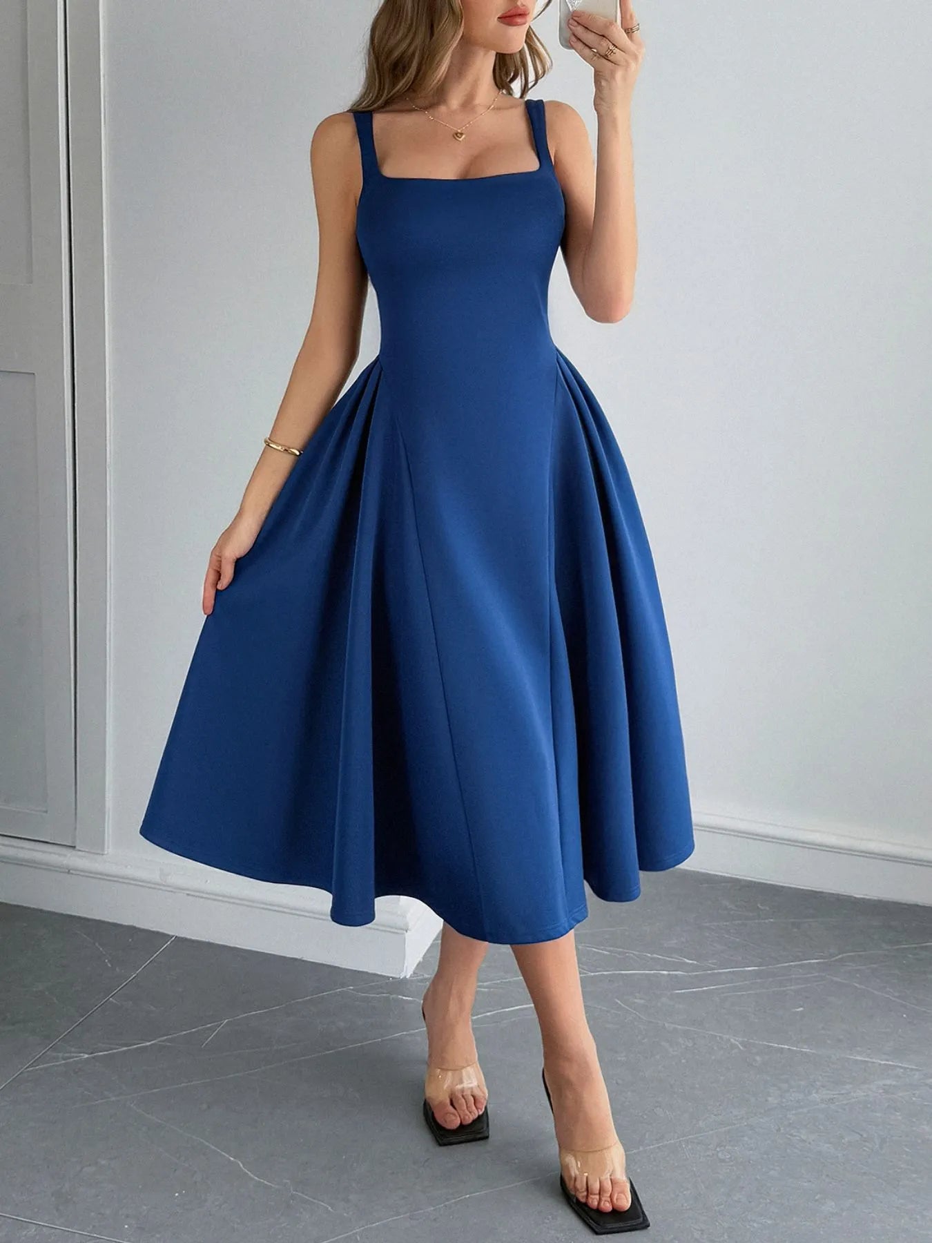 Square Neck Wide Strap Midi Dress