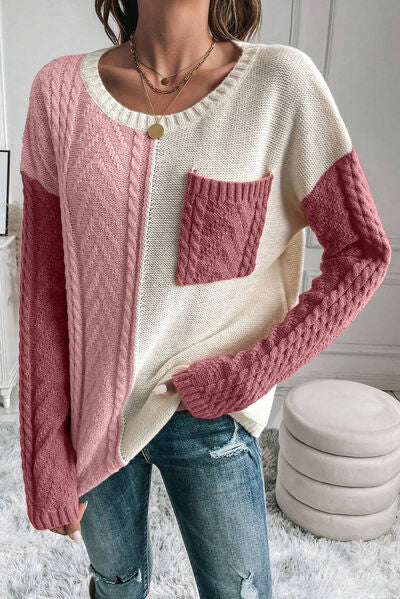 Color Block Pocketed Round Neck Sweater Dusty Pink