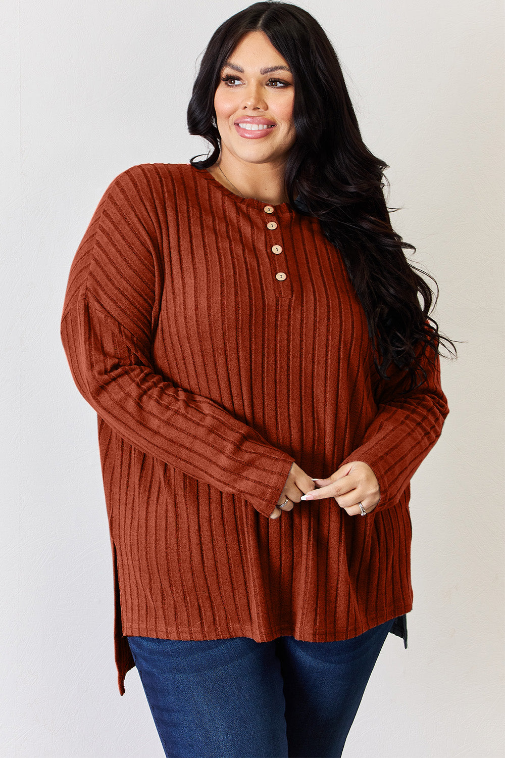 Basic Bae Ribbed Half Button Long Sleeve High-Low T-Shirt