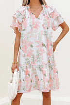 Floral Contrast Edge Mini Dress - Ruffled Short Sleeve Summer Look