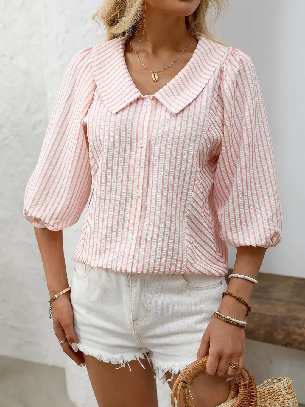 UrbanLine Striped Button Down Shirt - 3/4 Sleeve Style