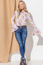 And The Why Floral Bell Sleeve Boho Top Mustard Mauve