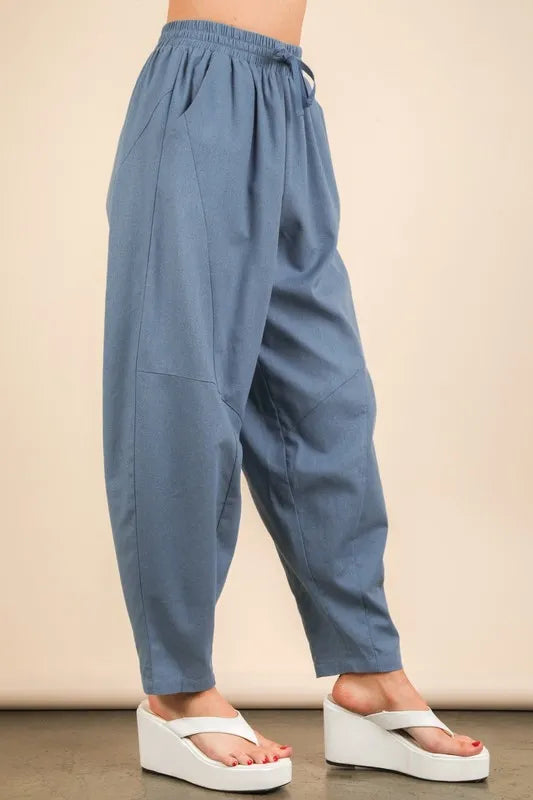 VERY J Solid Woven Barrel Pants with Drawstring Waist