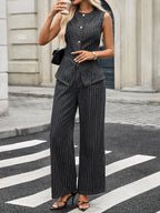 Striped Button-Down Tank & Wide-Leg Denim Pants Co-Ord Set