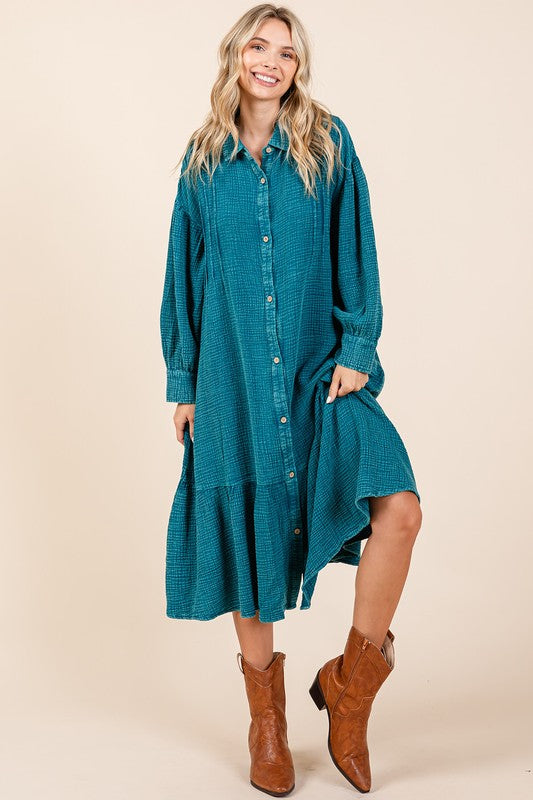 Mittoshop Mineral Wash Cotton Gauze Ruffle Midi Shirt Dress Topaz Blue