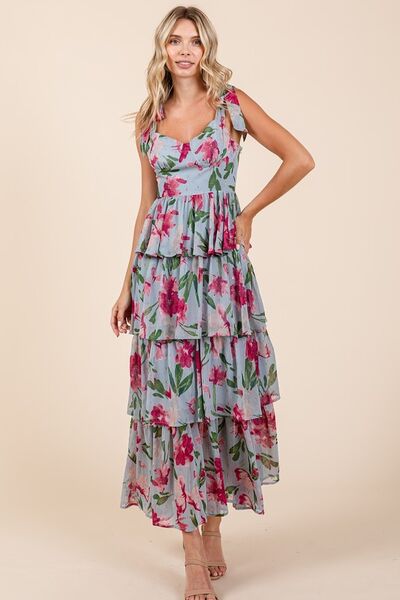 Mittoshop Layered Floral Sweetheart Neck Maxi Dress