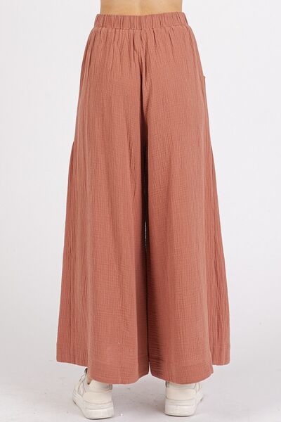 Mittoshop Gauze Elastic Waist Pleated Wide Leg Pants