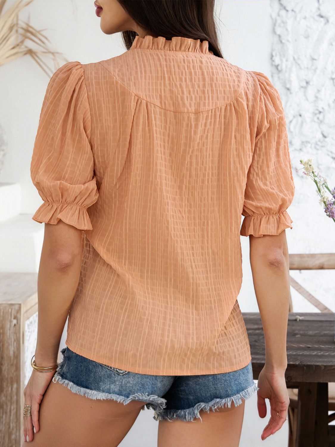 Devine Frill Notched Short Sleeve Blouse - Elegant & Chic