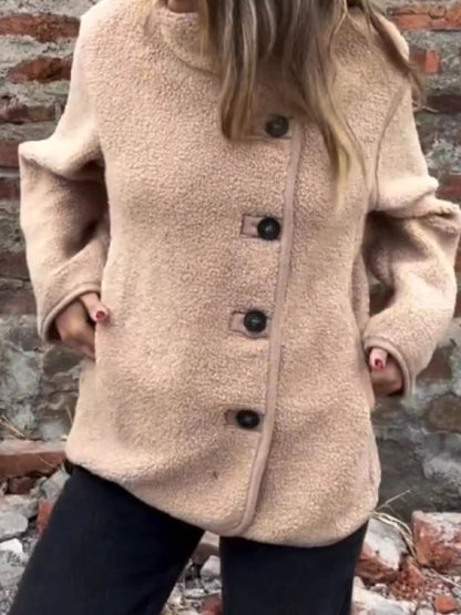 Button-Up Long Sleeve Fleece Jacket for Women – Plus Size