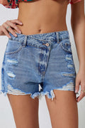 High-Rise Crossover Waist Denim Shorts - Distressed & Stylish Light Blue