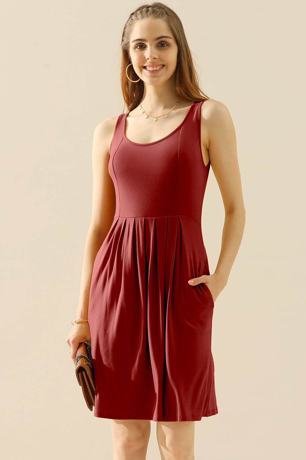 Doublju Full Size Round Neck Ruched Sleeveless Dress with Pockets Burgundy