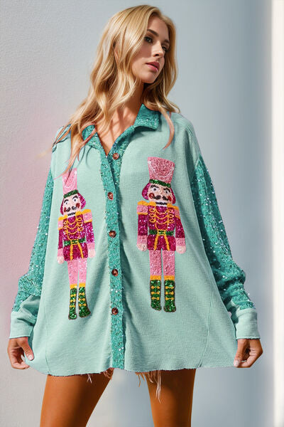 Double Take Sequin Nutcracker Button-Up Shirt Tiffany Blue