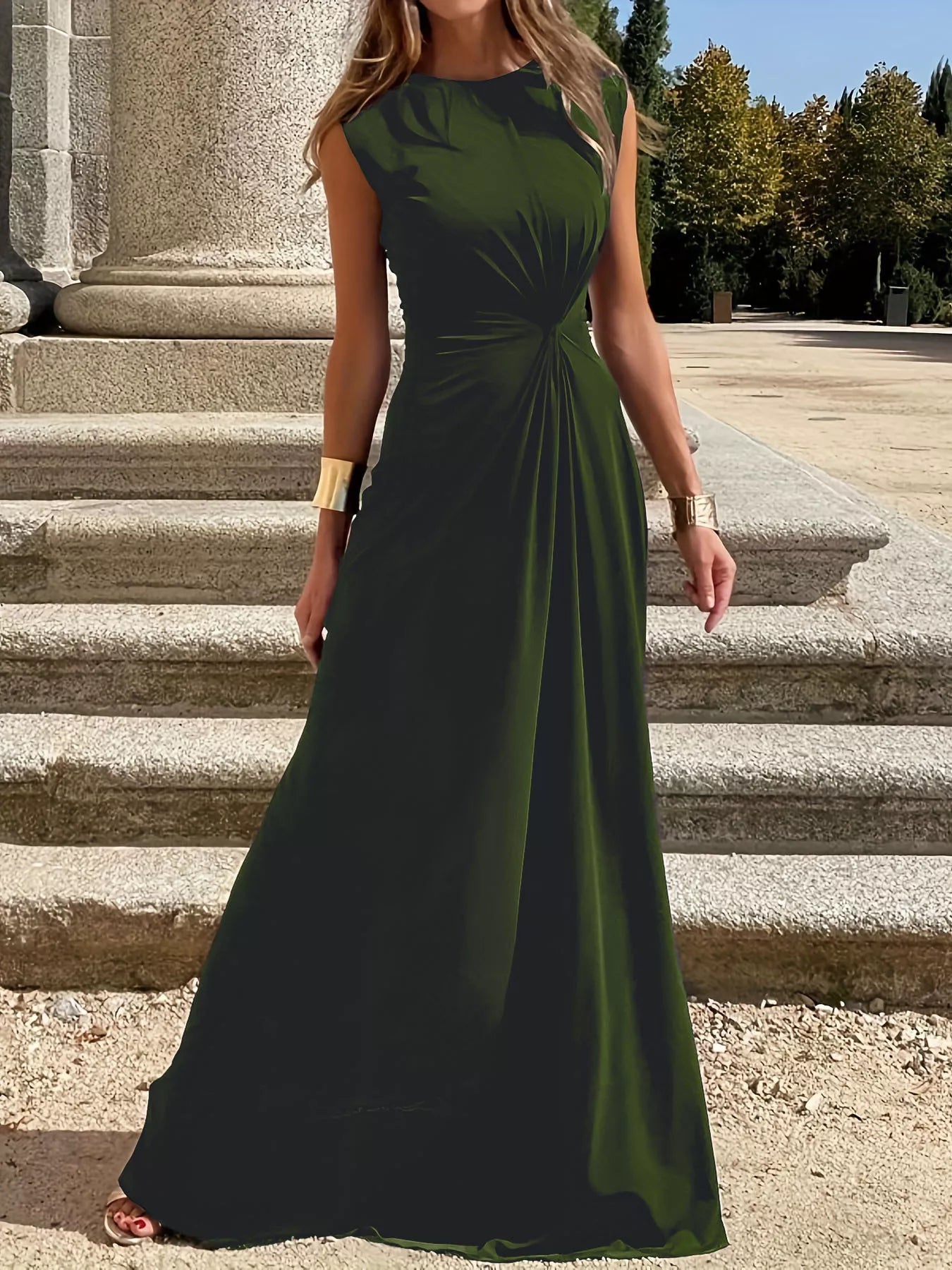 Twisted Round-Neck Sleeveless Ruched Maxi Dress Army Green