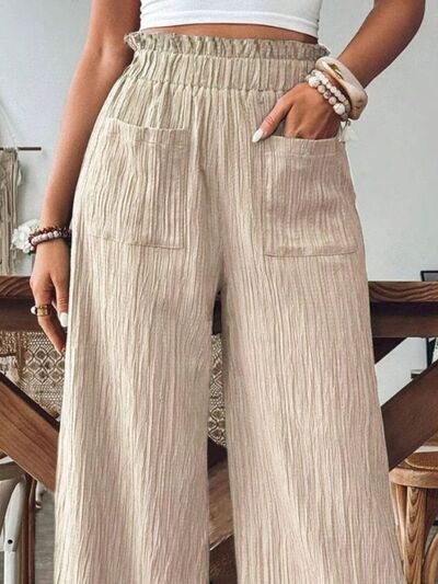 Elastic Waist Wide-Leg Pants with Pockets – Comfy & Chic