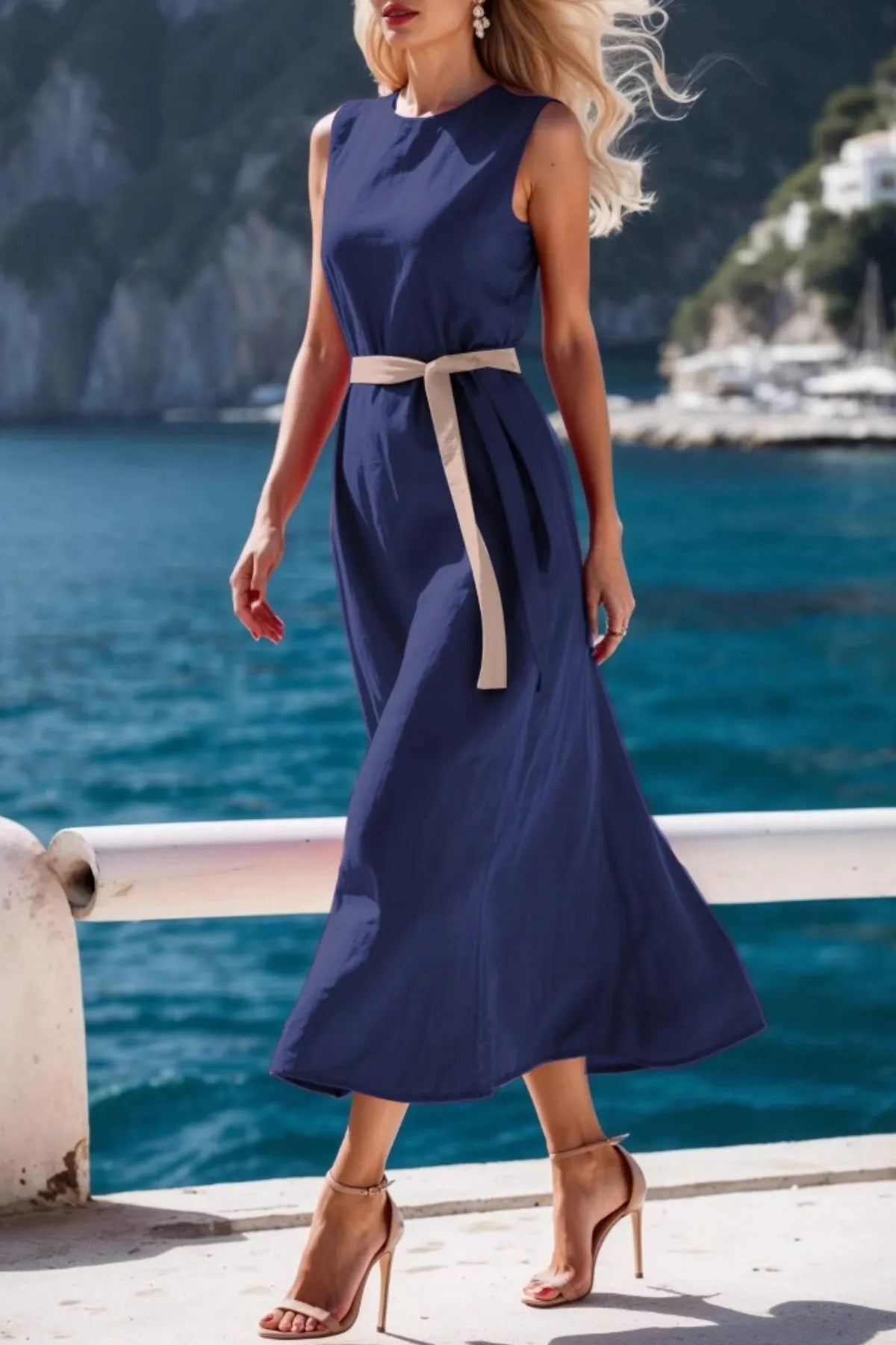 Round Neck Sleeveless Midi Dress Dark Blue