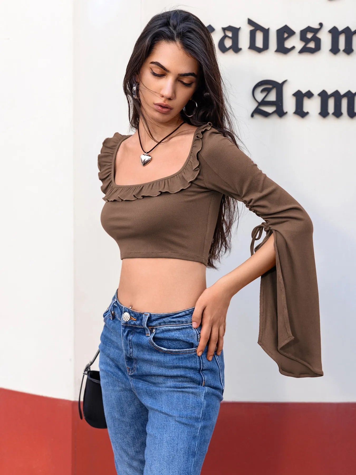 Chic Ruffled Square Neck Long Sleeve Top with Tie Front & Stretch Fit