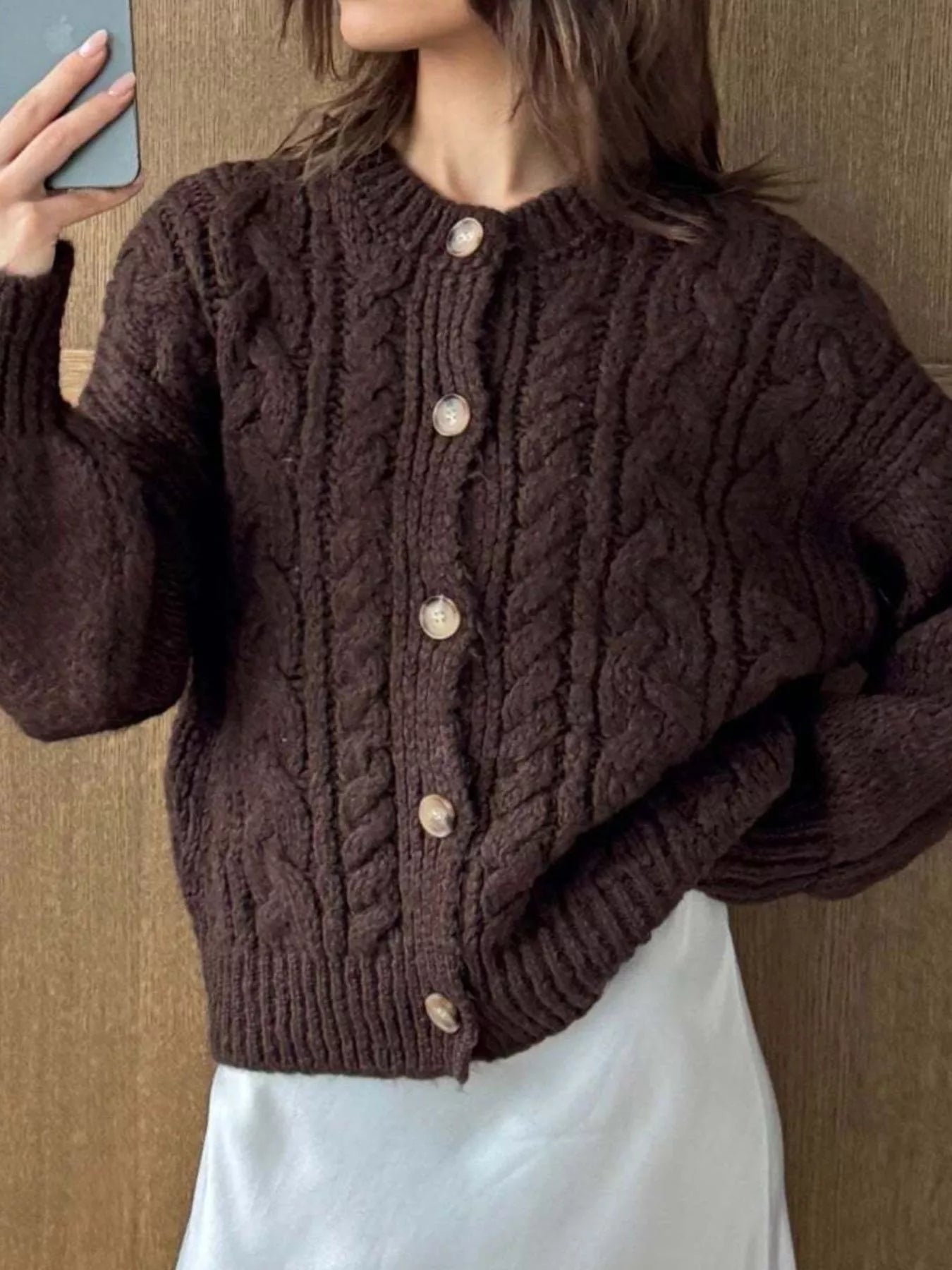 Cozy Cable Knit Button-Front Cardigan Sweater Brown