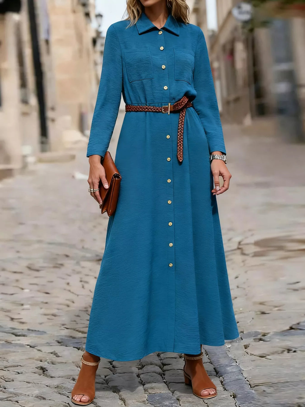 Classic Button-Down Long Sleeve Maxi Dress with Pockets
