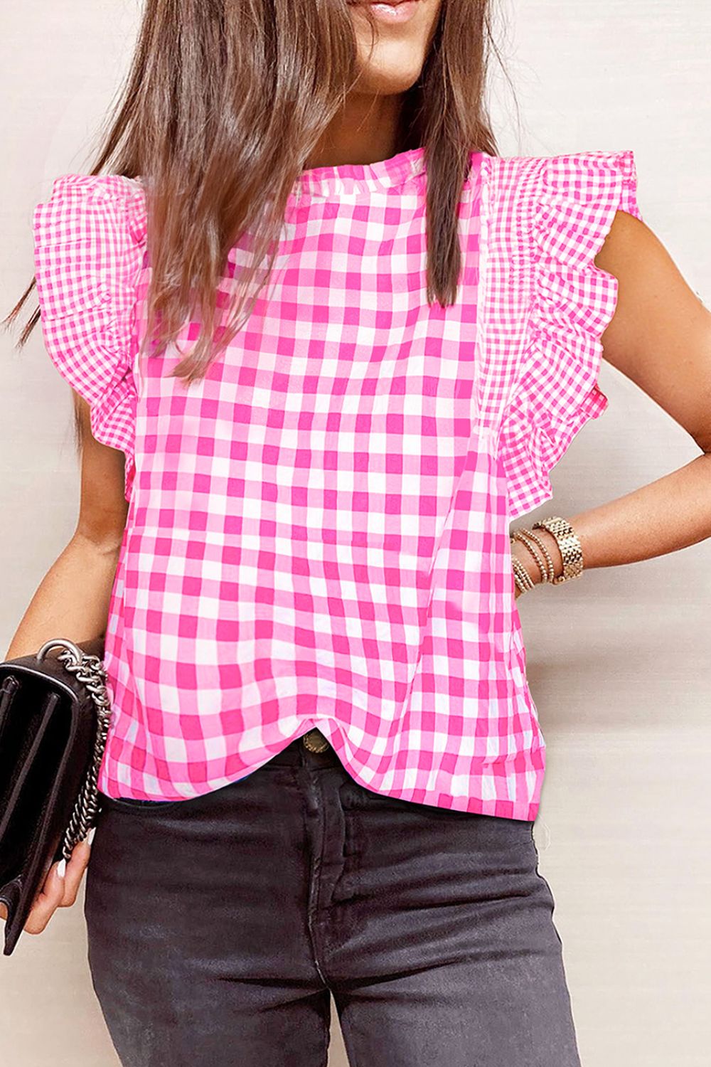 Checkered Ruffled Sleeve Frilled Neck Blouse Fuchsia Pink
