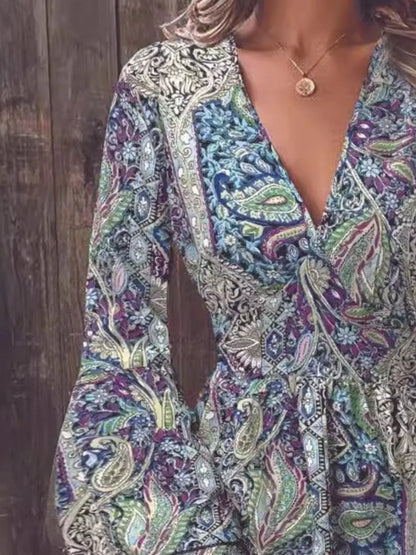 Paisley Print V-Neck Ruffled Flounce Sleeve Dress